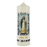 Kerze "Maria hilf", eierschalenweiß und blaue Applikation