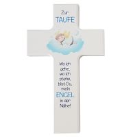 Kinderkreuz weiß zur Taufe mit Engelchen in hellblau 15 cm
