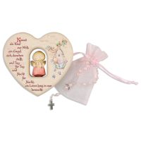 Taufset: Holzherz mit Engel aus Holz und Rosenkranz, rosa